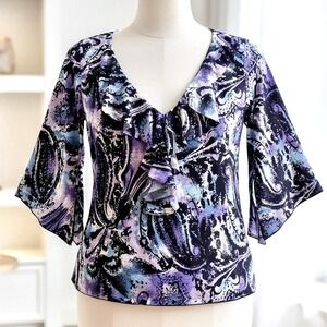 Brittany Black Paisley Blouse Size S 3/4 Flare Sleeve Sequins Ruffled Fairy NWT